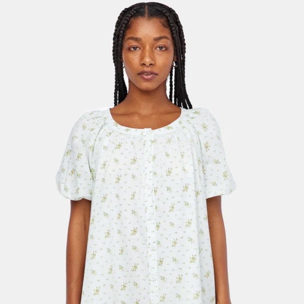 LACAUSA White and Green Floral Babydoll Dress